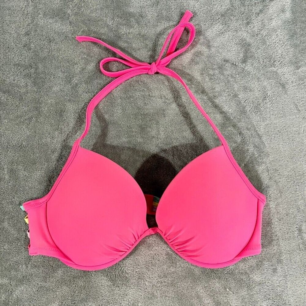 Victoria's Secret Pink Strappy Colorful Bikini Top Halter Tie Size 34D